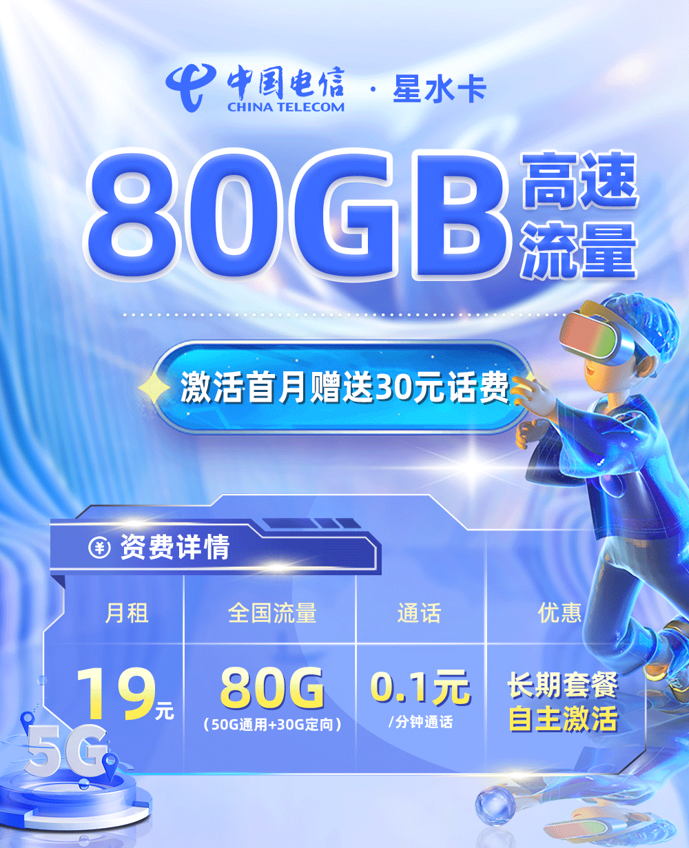 电信星水卡19元50G通用流量+30G定向流量  第1张