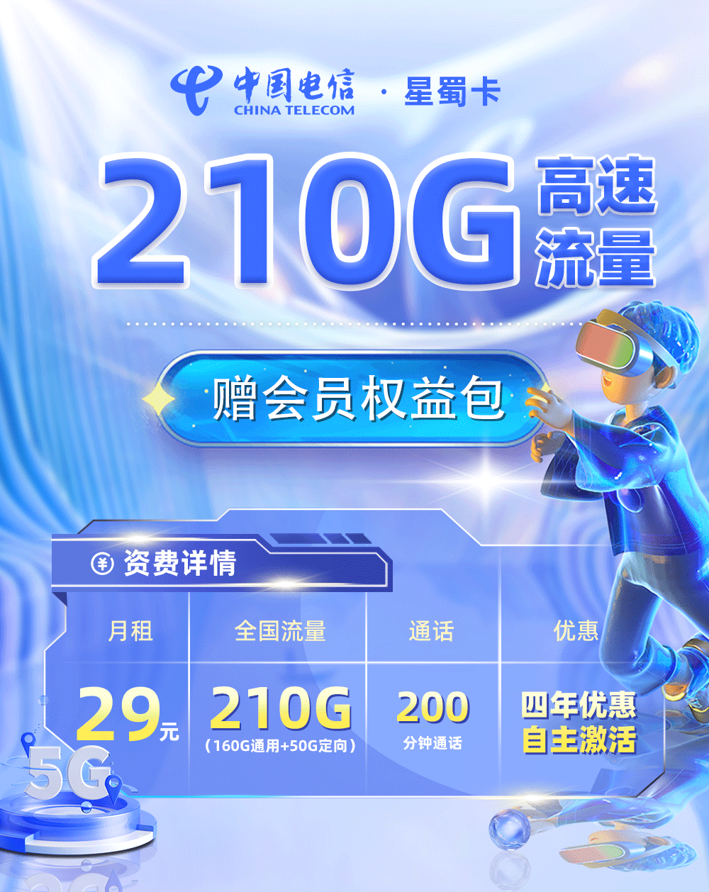 电信星蜀卡29元160G通用流量+50G定向流量+200分钟通话【四川专属】  第1张