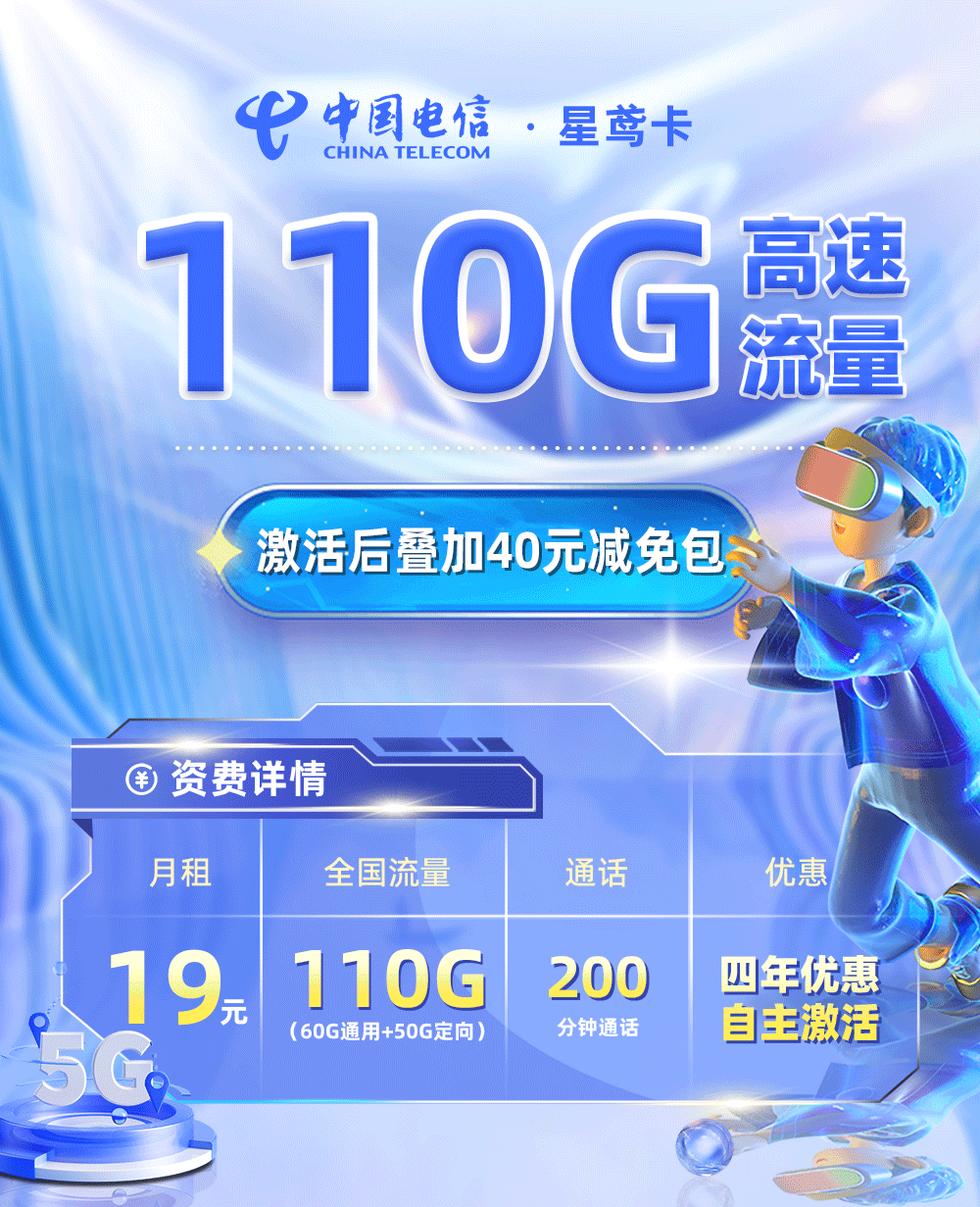 电信星鸢卡19元110G流量+200分钟通话  第1张