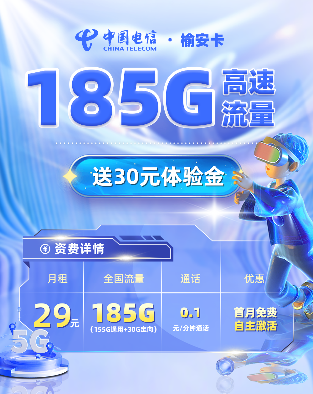电信榆安卡29元155G通用流量+30G定向流量  第1张