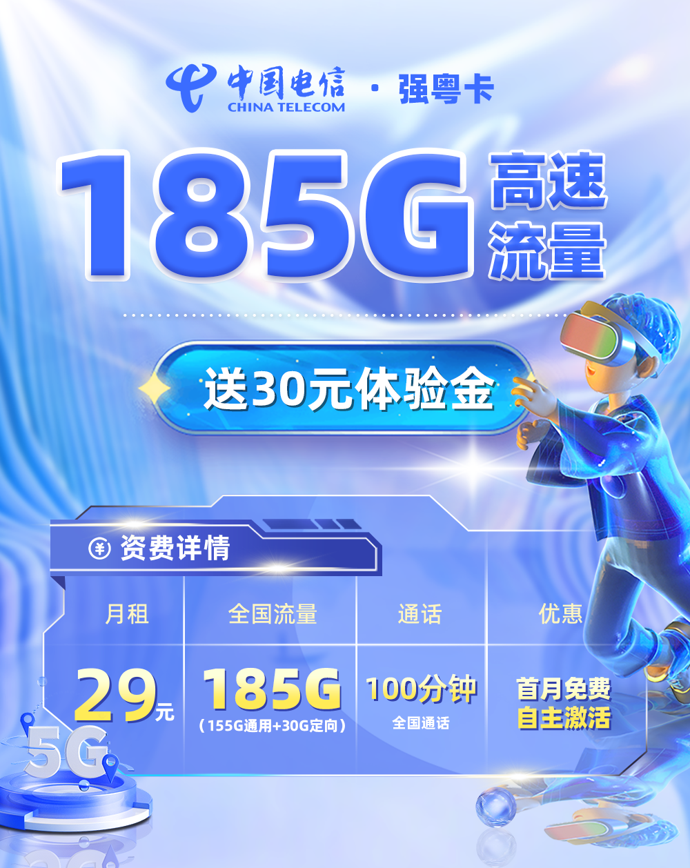 电信强粤卡29元185G流量+100分钟全国通话  第1张