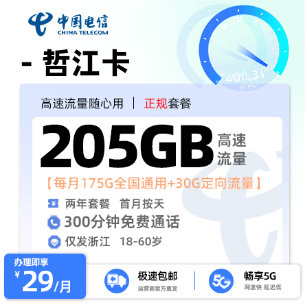 电信哲江卡【浙江专属】29元/月享175G全国通用流量+30G定向流量+300分钟通话